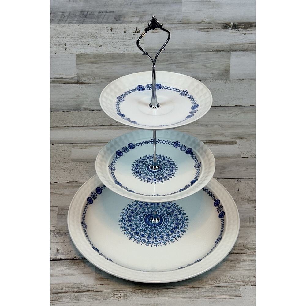 Custom Vintage Pontesa Granada Ironstone 3 Tier Cake Stand Blue White Portugal